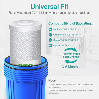 SimPure Whole House Water Filter Cartridges 5 Micron 20" x 4.5" CTO Activated Carbon Block, For DB20P, FC25B, CTO20BB, WHB20, 4 Pack