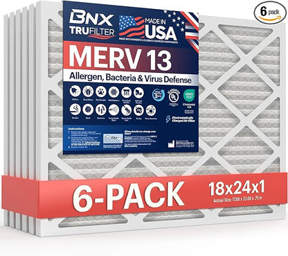 BNX TruFilter 18x24x1 Air Filter MERV 13 (6-Pack) - MADE IN USA - Electrostatic Pleated Air Conditioner HVAC AC Furnace Filters for Allergies, Pollen, Mold, Bacteria, Smoke, Allergen, MPR 1900 FPR 10