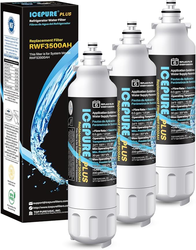 ICEPURE PLUS RWF3500AH NSF/ANSI 53 NSF/ANSI 42 Certified Refrigerator Water Filter Replacement for LG LT800P, ADQ73613401, ADQ73613408, ADQ75795104, LMXS30776S, LSXS26366D, Kenmore 9490, 3PACK