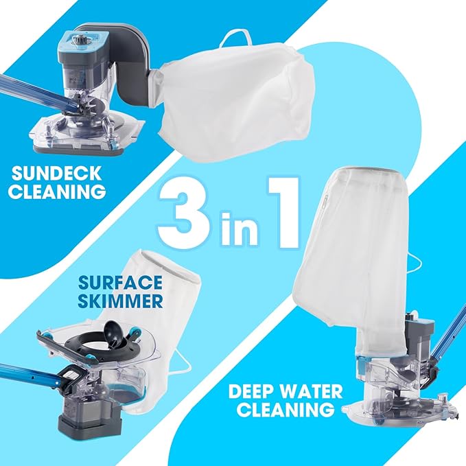 Cordless Rechargeable Pool Leaf Vacuum, Ultra Strong Suction, 3 in 1 Cleaning Solution – Deep, Shallow & Surface Skimmer, for Above Ground Pools & In Ground Pools