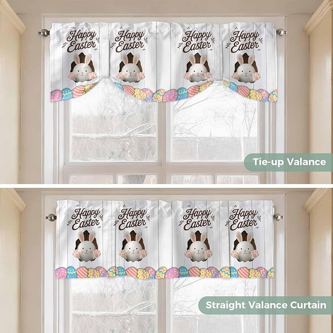 Grey Easter Tie Up Valance Curtains for Windows, Kitchen Curtains Window Shades, Spring Cartoon Bunny Colorful Eggs Wood Grain Light Filtering Roman Curtain Valances for Bedroom/Bathroom/Cafe 42"x18"