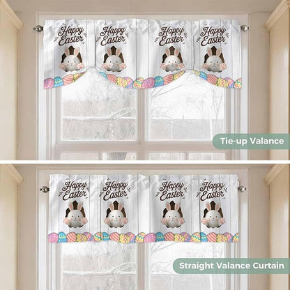 Grey Easter Tie Up Valance Curtains for Windows, Kitchen Curtains Window Shades, Spring Cartoon Bunny Colorful Eggs Wood Grain Light Filtering Roman Curtain Valances for Bedroom/Bathroom/Cafe 54"x18"