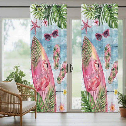 Summer Flamingbirds Outdoor Curtains for Patio Palm Leaves Plumeria Wood Waterproof Outside Curtains with Grommet Top Weatherproof Curtain for Cabana Pergola Gazebo, 1 Panel, 54" W x 108" L