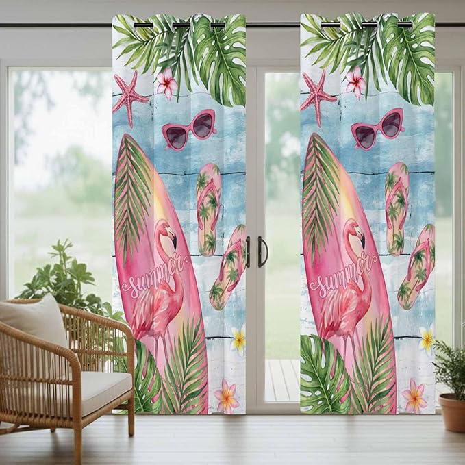 Summer Flamingbirds Outdoor Curtains for Patio Palm Leaves Plumeria Wood Waterproof Outside Curtains with Grommet Top Weatherproof Curtain for Cabana Pergola Gazebo, 1 Panel, 54" W x 95" L