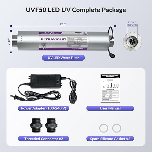 iSpring UVF50 LED UV Water Filter System, Whole House Ultraviolet Water Purifier Filter, Long-Life LED Design, Built-in Smart Flow Sensor Switch, Mercury-Free, Up to 13.2 GPM
