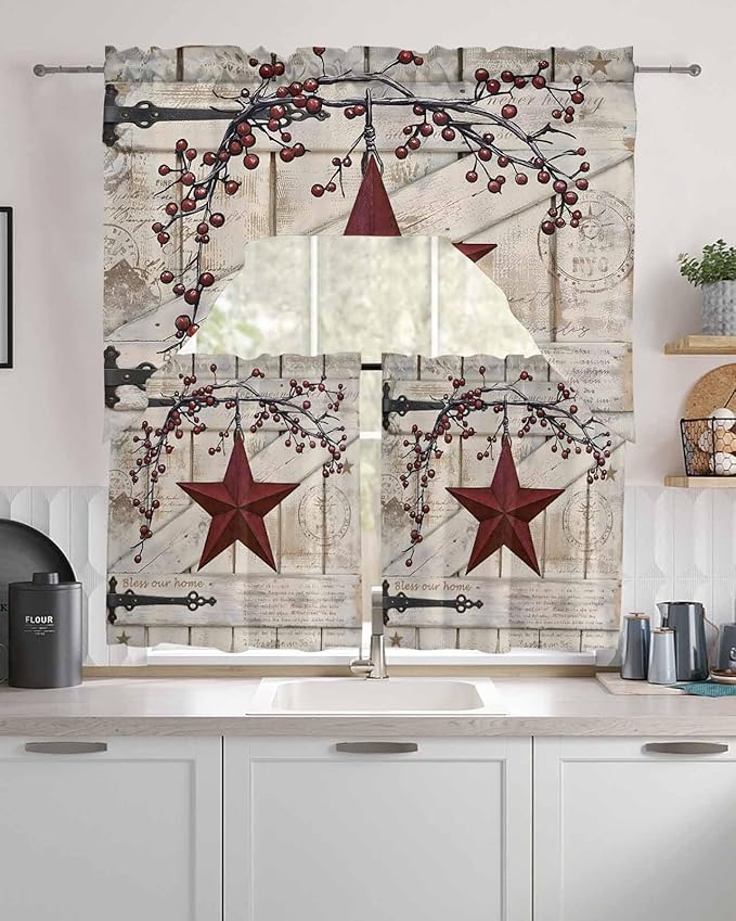 Village Stars Swag Kitchen Curtains Valance and Tier Set, Vintage Dark Red Star Berry Beige Barn Doors Light-Filtering Swag Valance 24 Inch Length, Rod Pocket Short Curtain for Bedroom Cafe