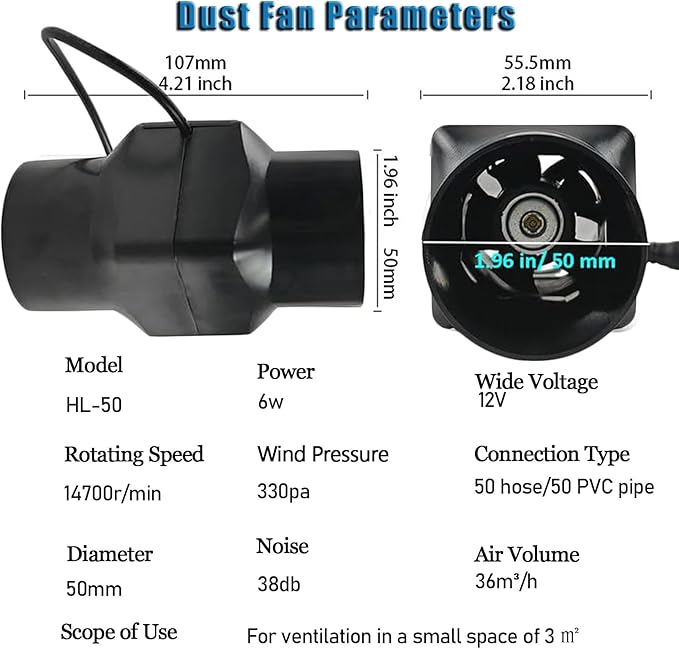 2 Inch 12V Inline Duct Fan 6W Air Vent Fan Booster Pet Indoor Vent Blower for Greenhouse Bathroom Tent Room Basement Attic (Color : Black, Size : NO Adjustable Speed)