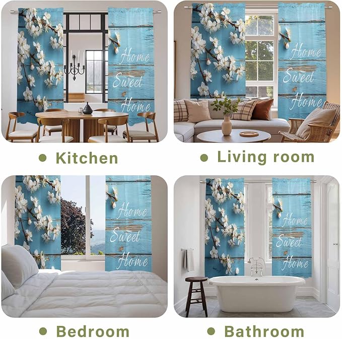Farmhouse Wooden Grain Kitchen Curtains, Vintage Shabby Chic Flower Blue Light Filtering Window Curtain Panels, 2Pcs Rod Pocket Window Treatments Set for Living Room Bathroom Bedroom 52x72 Inches