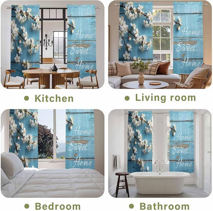 Farmhouse Wooden Grain Kitchen Curtains, Vintage Shabby Chic Flower Blue Light Filtering Window Curtain Panels, 2Pcs Rod Pocket Window Treatments Set for Living Room Bathroom Bedroom 52x72 Inches