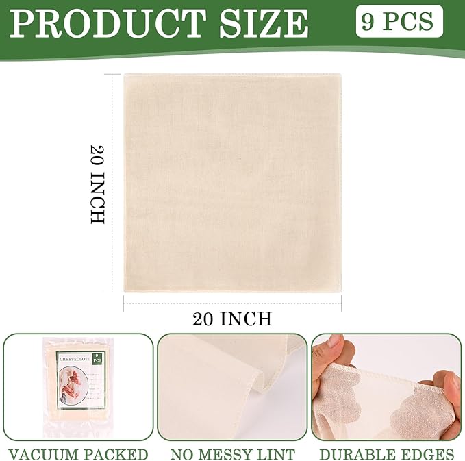 WMKGG 9 PCS Reusable Unbleached Cotton Cheese Cloth 20x20 Inch, Grade 100 Precut Cheesecloth for Straining Hemmed 4 Edges Fine Mesh Cotton for Cooking, Juicing, Cheese Making, Baking, Yogurt
