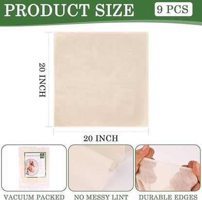 WMKGG 9 PCS Reusable Unbleached Cotton Cheese Cloth 20x20 Inch, Grade 100 Precut Cheesecloth for Straining Hemmed 4 Edges Fine Mesh Cotton for Cooking, Juicing, Cheese Making, Baking, Yogurt