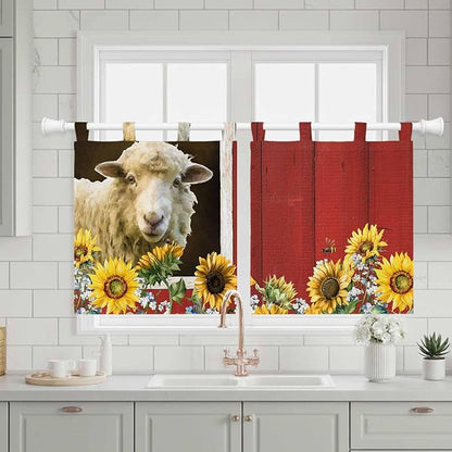 Sheep Flowers Kitchen Curtains 24 Inch Length, Small Window Curtains Tab Top, Country Red Barn Botanical Sunflowers Light Filtering Short Window Treatments Tier Drapes 27.5"x24" 2 Panel