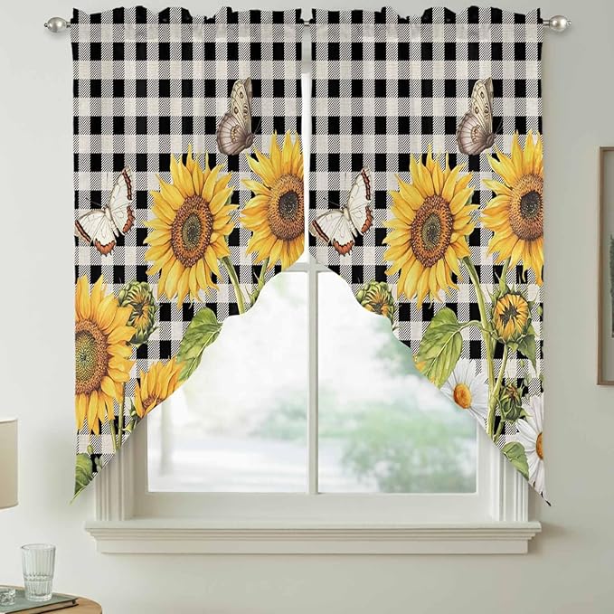 Sunflowers Swag Valances for Windows, Yellow Flowers Butterfly Farmhouse Black Plaid Rod Pocket Kitchen Curtains Valance, Kitchen Window Curtains Swag for Cafe Living Room, 2 Panels, 36x63 inch