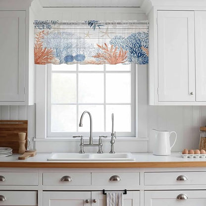 Ocean Corals Sheer Valance Curtains, Summer Beach Coral Sea Stars Wood Grain Light Filtering Kitchen Valances Rod Pocket Voile Curtain Window Treatment for Bedroom/Living Room/Basement 54Wx18L