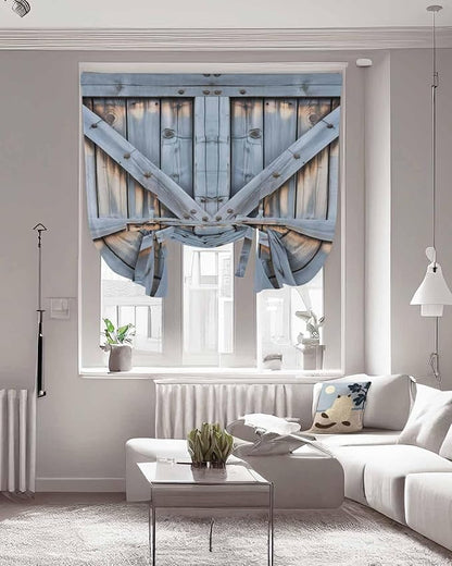 Tie Up Curtains for Windows, Farmhouse Wood Grain Adjustable Balloon Nature Linen Textured Kitchen Curtain, Vintage Country Barn Gate Textured Thermal Insulated Curtains for Window, 42" x 54"