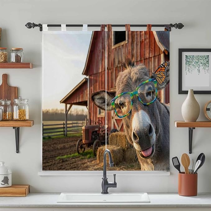 Farm Donkeys Bathroom Curtains 63 Inch Length, Window Curtains Tab Top, Farmhouse Barn Funny Animals Butterfly Light Filtering Window Treatments Drapes 52"x63" 2 Panel