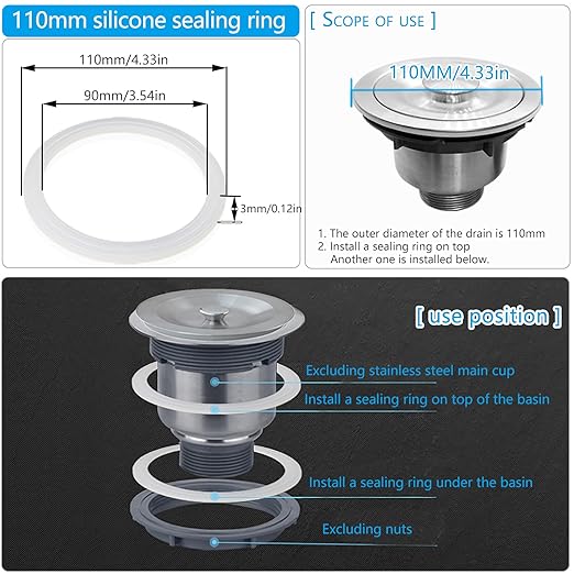 4PCS 110mm (4.33") Silicone Sealing Gaskets - Leak-Proof Washers for Kitchen Sink Drain, Waste Pipe & Inclined Sliding Joints