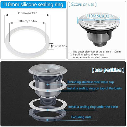 4PCS 110mm (4.33") Silicone Sealing Gaskets - Leak-Proof Washers for Kitchen Sink Drain, Waste Pipe & Inclined Sliding Joints