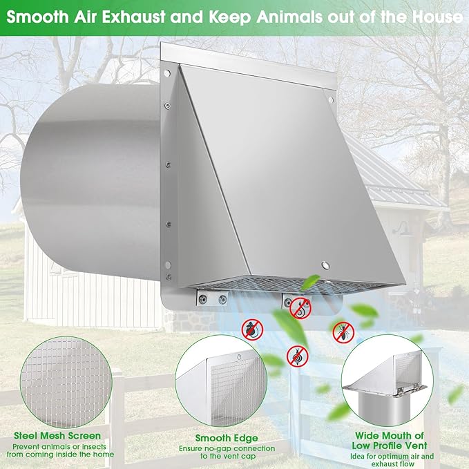 Dryer Vent Cover Outdoor 4 Inch,Dryer Vent Cover Outside,Exterior Hooded Wall Vent w/Screen & Damper,Wall Mount Extractor Vent Cap Exhaust Vent Cover for Dryer Duct AC Air Ventilation,Stainless Steel
