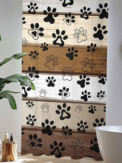 Sheer Curtains 108 Inches Long, Brown Beige Farmhouse Semi Sheer Curtains Light Filtering Window Treatment, Black Dog Paw Vintage Wooden Privacy Voile Drapes for Living Room Bedroom 52x108 Inch