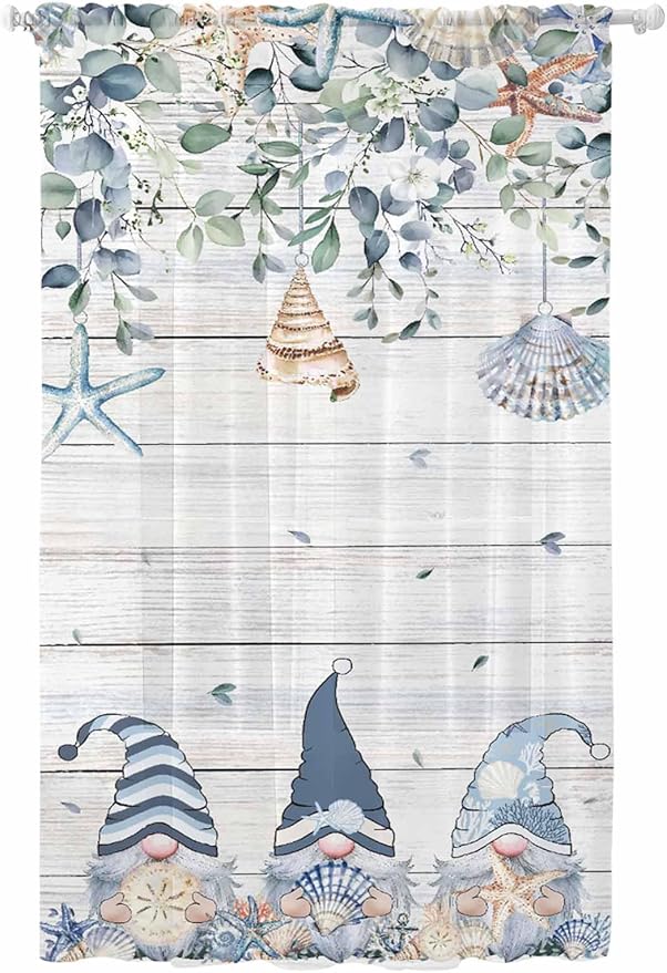 Sheer Curtains 84 Inches Long, Coastal Eucalyptus Leaf Semi Sheer Curtains Light Filtering Window Treatment, Ocean Blue Gnomes Starfish Wood Grain Privacy Voile Drapes for Living Room 52x84 Inch