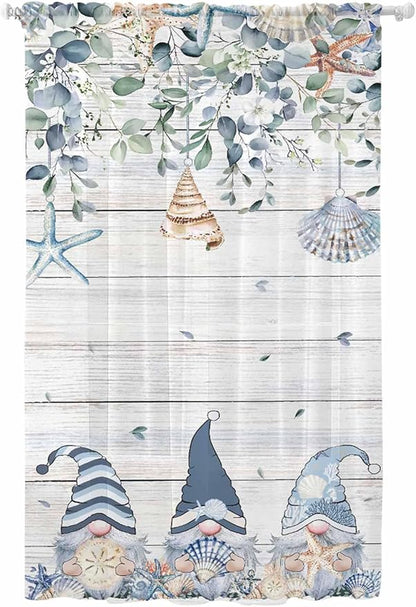 Sheer Curtains 84 Inches Long, Coastal Eucalyptus Leaf Semi Sheer Curtains Light Filtering Window Treatment, Ocean Blue Gnomes Starfish Wood Grain Privacy Voile Drapes for Living Room 52x84 Inch