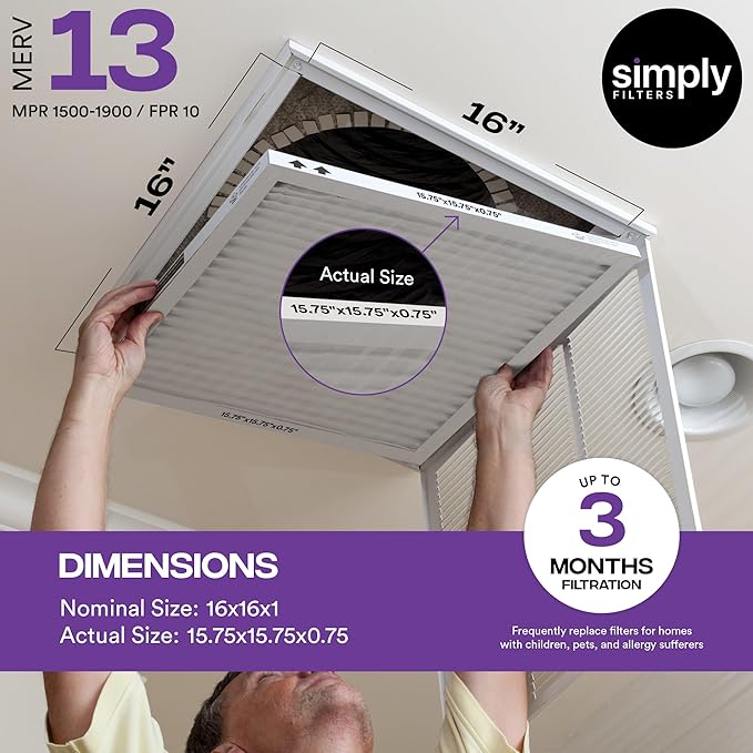 Simply 16x16x1 Air Filter, MERV 13, 6 Pack, For Home AC Furnace & HVAC (Actual Size: 15.75"x15.75"x0.75") DUST, Pet, & Allergy Control