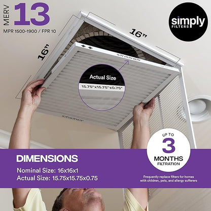 Simply 16x16x1 Air Filter, MERV 13, 4 Pack, For Home AC Furnace & HVAC (Actual Size: 15.75"x15.75"x0.75") DUST, Pet, & Allergy Control