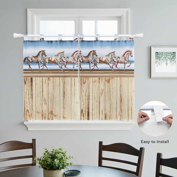 Western Horse Kitchen Curtains 45 Inch Length, Short Cafe Window Curtains Tab Top, Farmhouse Wooden Grain Vintage Cowboy Barn Door Light Filtering Window Treatments Tier Drapes 27.5"x45" 2 Panel