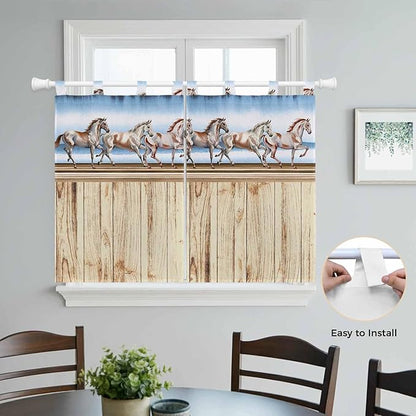 Western Horse Kitchen Curtains 45 Inch Length, Short Cafe Window Curtains Tab Top, Farmhouse Wooden Grain Vintage Cowboy Barn Door Light Filtering Window Treatments Tier Drapes 27.5"x45" 2 Panel