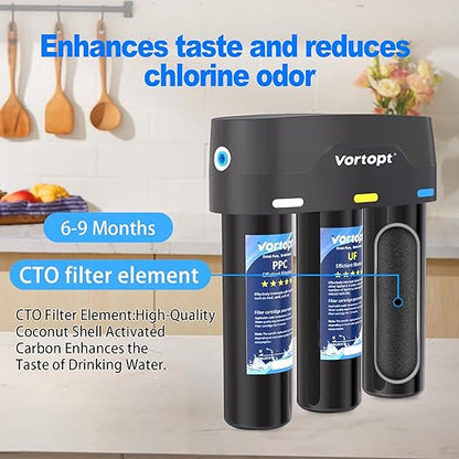 Vortopt Under Sink Water Filter,with PP,UF,and CTO Cartridges for Water Filtration and Drinking Water,F03,Black.