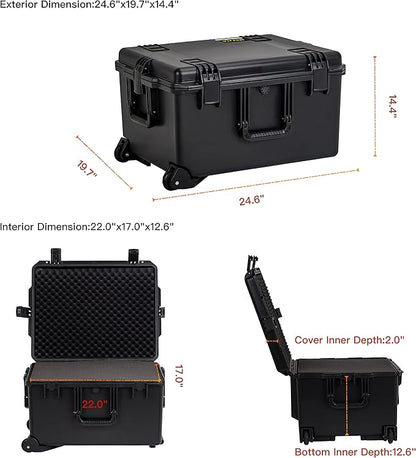 MEIJIA Portable All Weather Waterproof Rolling Hard Camera Case with Customizable Fit Foam and Wheels, 24.6"X19.7"X14.4",Elegant Black