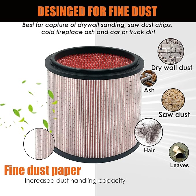 Fine Dust Replacement Filter for Vacmaster 5-20 Gallon/Hart Shop Vacuum 5-17 Gallon, Replaces Hart VCFS 3701 Filter/VCFF Filter, Fits most Shop-Vac/Craftsman Vacuum, with 2x Wet Foam Sleeve