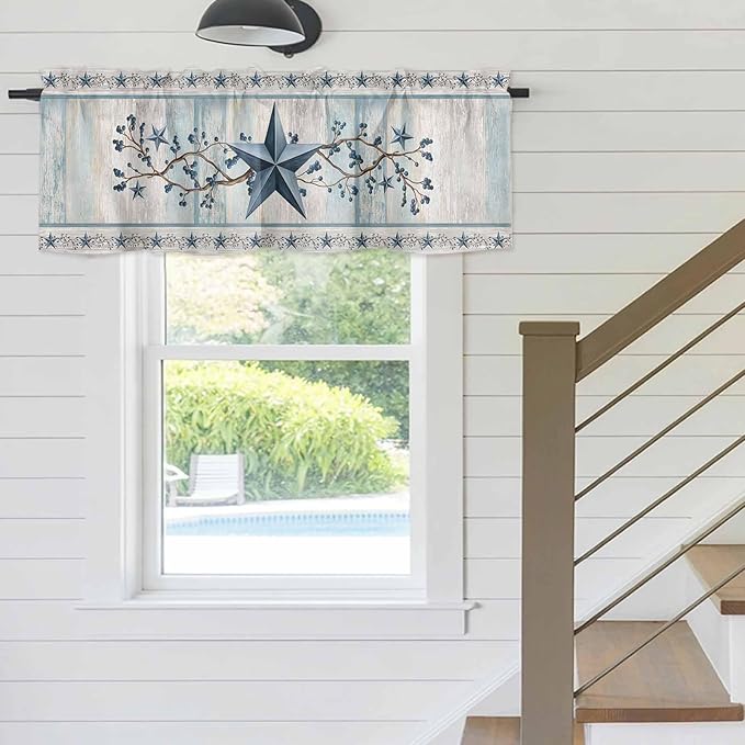 Blue Texas Star Valances for Windows, Vintage Star Berry Blue Beige Wood Grain Kitchen Valance Light Filtering Rod Pocket Short Curtains for Kitchen Bathroom, 1 Panel, 60"x18"