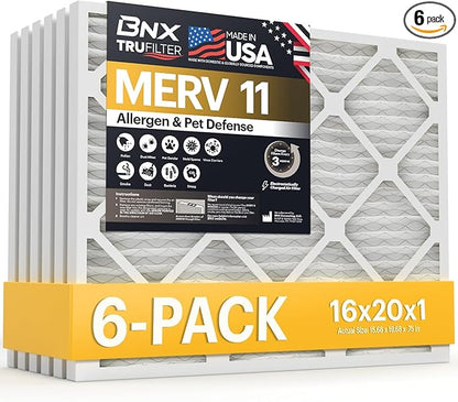 BNX TruFilter 16x20x1 Air Filter MERV 11 (6-Pack) - MADE IN USA - Allergen Defense Electrostatic Pleated Air Conditioner HVAC AC Furnace Filters for Allergies, Dust, Pet, Smoke, Allergy MPR 1200 FPR 7