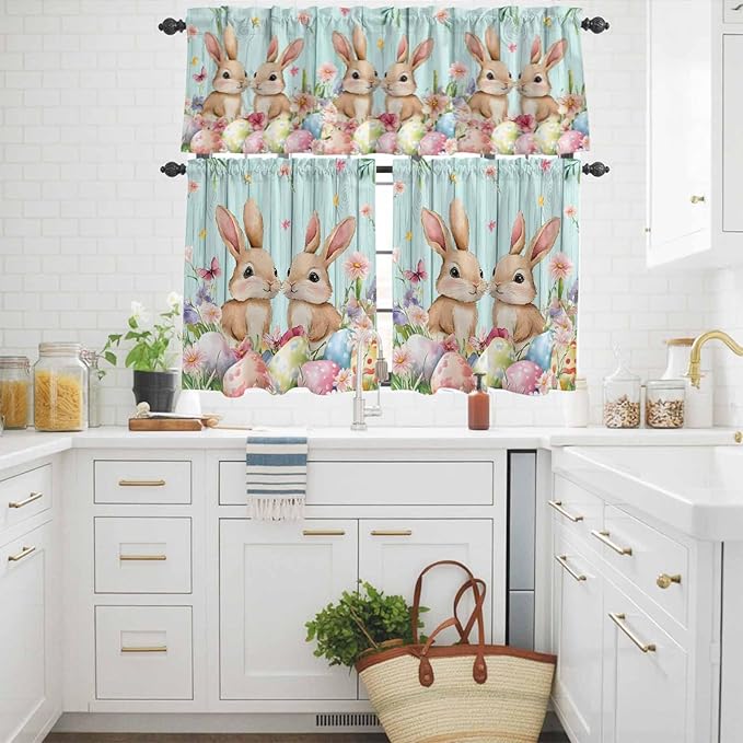 Easter Kitchen Curtains Set 3 Piece for Windows, Rod Pocket Valance and Tier Set 24 Inch Length, Spring Rabbit Colorful Eggs Flowers Wooden Grain Light Filtering Cafe Curtains for Living Room Bathroom