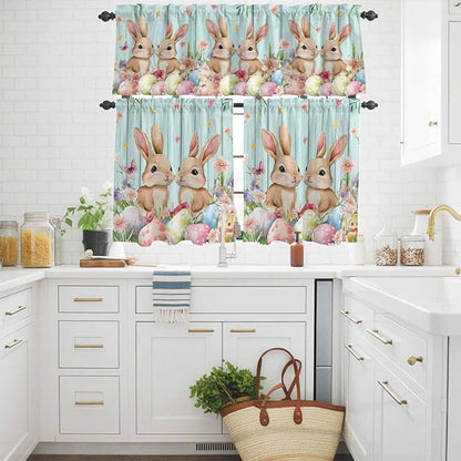 Easter Kitchen Curtains Set 3 Piece for Windows, Rod Pocket Valance and Tier Set 24 Inch Length, Spring Rabbit Colorful Eggs Flowers Wooden Grain Light Filtering Cafe Curtains for Living Room Bathroom