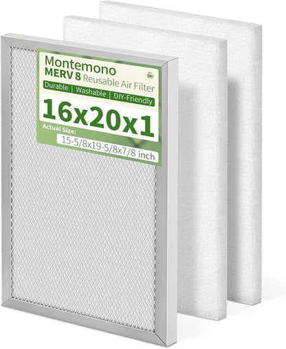 16x20x1 Reusable Air Filter MERV 8 Washable Furnace & AC Filter with 2 Extra Media Pads, Aluminum Electrostatic Air Filters for Home, Fits HVAC System, Air Conditioner, Air Handler