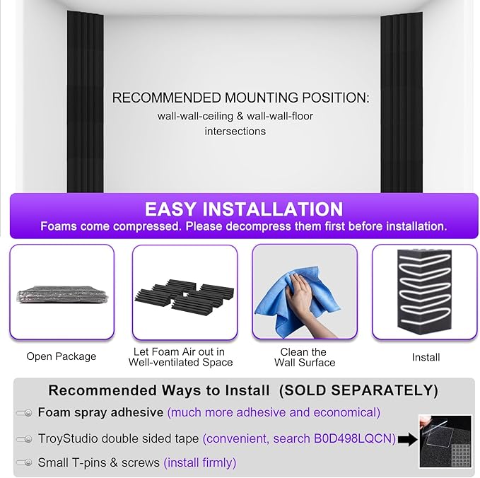 TroyStudio Bass Traps - 12 Pcs 4 X 4 X 12 Inches Dense Thick Studio Bass Foam Corner, Acoustic Treatment Panel Absorbing Echo Reverb, Low Frequency Sound Absorber for Music Room Home Recording Studio