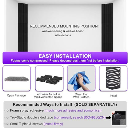 TroyStudio Bass Traps - 12 Pcs 4 X 4 X 12 Inches Dense Thick Studio Bass Foam Corner, Acoustic Treatment Panel Absorbing Echo Reverb, Low Frequency Sound Absorber for Music Room Home Recording Studio