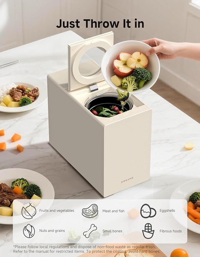Dreame Electric Composter for Kitchen, Smart Control High-Temp Auto-Cleaning, Odorless, Trion Triple-Blade System, Washable Carbon Filter, 27dB Quiet, Safety Lock, 2.5L Capacity Compact Design