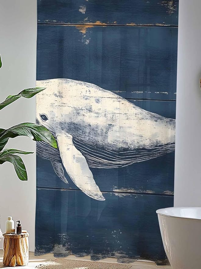 Sheer Curtains 96 Inches Long, Ocean Vintage Whale Semi Sheer Curtains Light Filtering Window Treatment, Summer Retro Wood Grain Privacy Voile Drapes for Living Room Bedroom 52x96 Inch