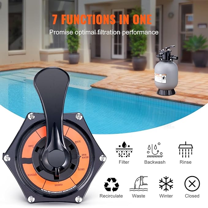VEVOR 25023BX 16-inch, Up to 35 GPM Flow Rate, Above Inground Swimming Pool Sand System with 7-Way Multi-Port Valve, Filter, Backwash, Rinse, Recirculate, Waste, Winter, Closed Functions, Gray