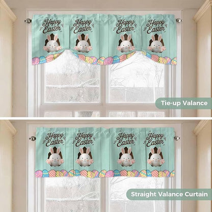 Green Easter Tie Up Valance Curtains for Windows, Kitchen Curtains Window Shades, Spring Cartoon Bunny Colorful Eggs Wood Grain Light Filtering Roman Curtain Valances for Bedroom/Bathroom/Cafe 42"x18"