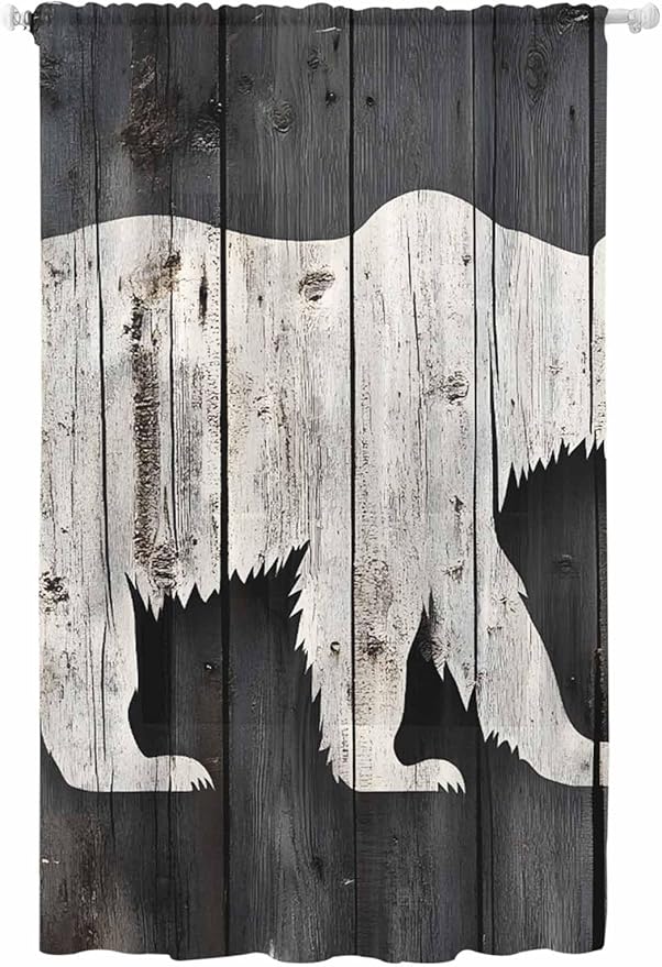 Sheer Curtains 84 Inches Long, White Brown Bear Semi Sheer Curtains Light Filtering Window Treatment, Farmhouse Country Rustic Wooden Grain Privacy Voile Drapes for Living Room Bedroom 52x84 Inch