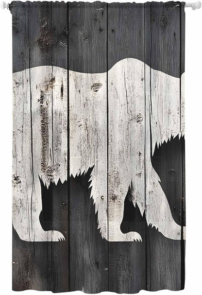 Sheer Curtains 84 Inches Long, White Brown Bear Semi Sheer Curtains Light Filtering Window Treatment, Farmhouse Country Rustic Wooden Grain Privacy Voile Drapes for Living Room Bedroom 52x84 Inch