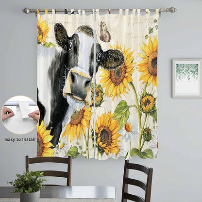 Yellow Sunflowers Living Room Curtains 84 Inch Length, Window Curtains Tab Top, Country Cow Flower Butterfly Farmhouse Cream Light Filtering Window Treatments Drapes 52"x84" 2 Panel