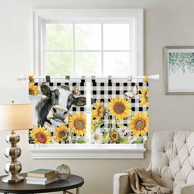 Retro Sunflowers Kitchen Curtains 24 Inch Length, Small Window Curtains Tab Top, Farmhouse Floral Cow Butterfly Black Plaid Light Filtering Short Window Treatments Tier Drapes 27.5"x24" 2 Panel