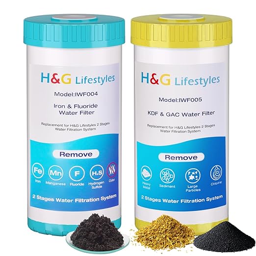 H&G Lifestyles Whole House Water Filter for Well Water,Reduce Iron Manganese Fluoride GAC KDF Water Filer Cartridge, Chlorine Odor Heavy Metal Lead, Replacement for Any 10" x 4.5" Water Filter System