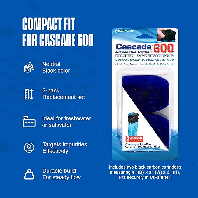 Penn-Plax Cascade 600 Filter Replacement Carbon Cartridges (2 Pack) – Provides Chemical Filtration for Freshwater and Saltwater Aquariums
